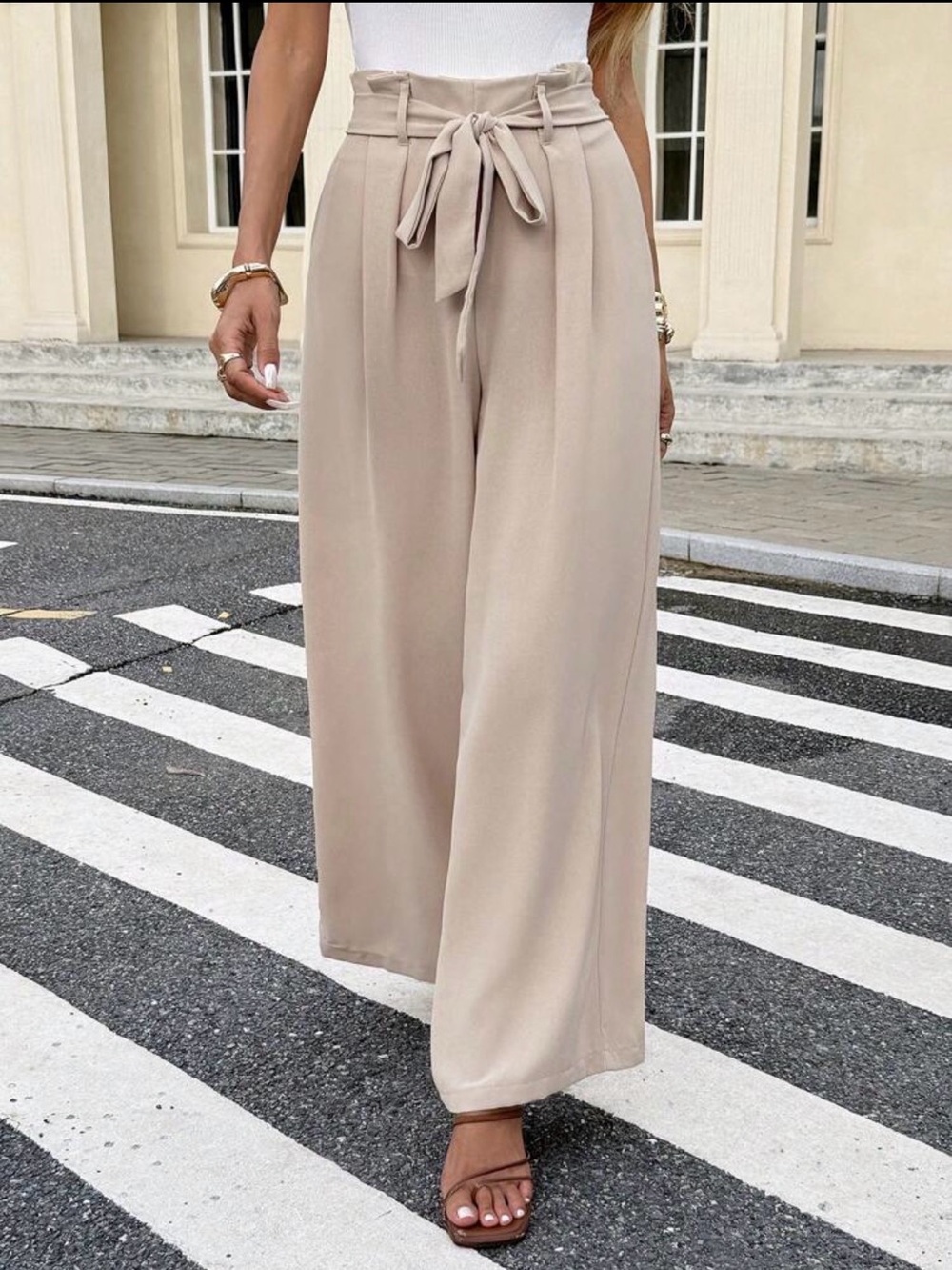 High-Waist Tie-Belt Wide Leg Pants - Taupe